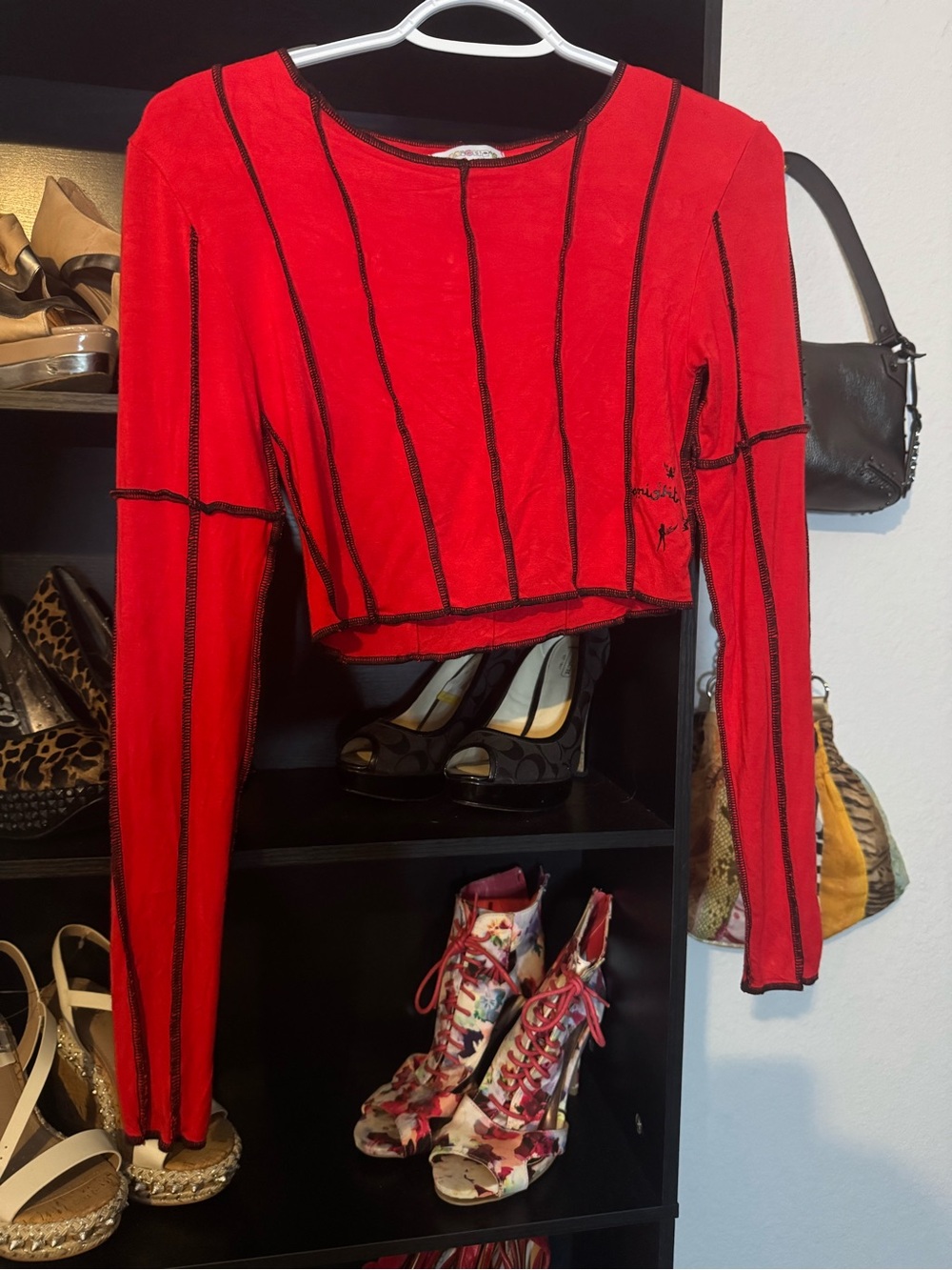 omighty Red Long-Sleeve Cropped Top with Contrast Stitching
